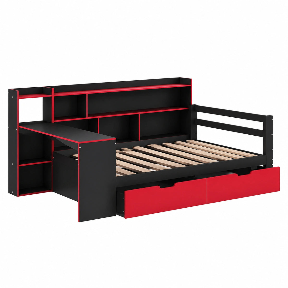 Holzbett – 90 × 200 cm, mit LED-Beleuchtung, mit Schubladen, Schwarz und Rot