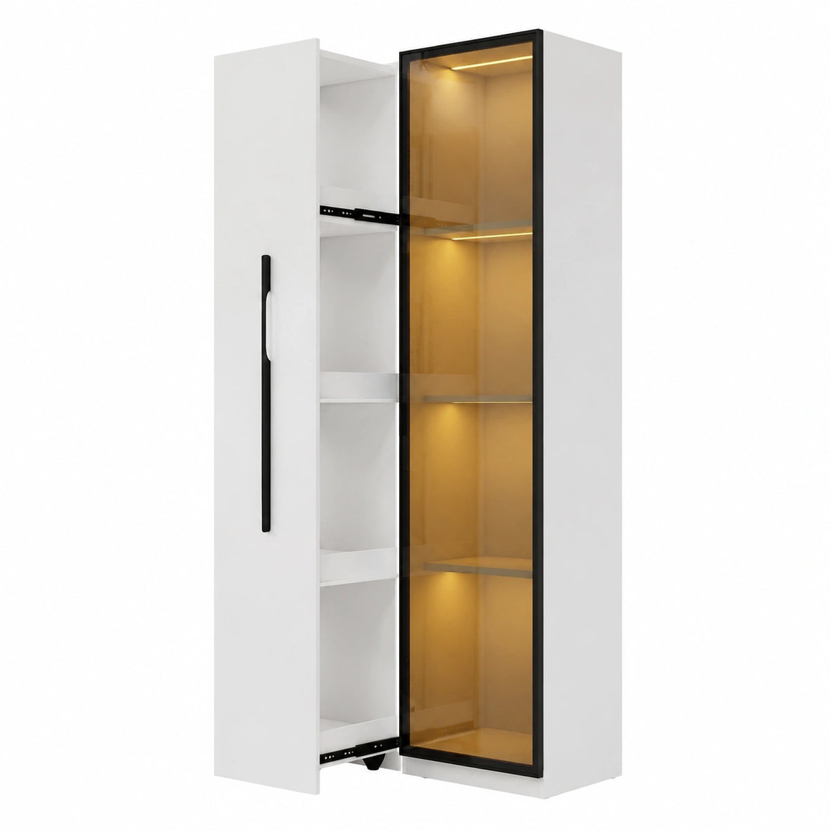 Vitrine – 70 × 40 × 160 cm, ausziehbar, mit LED-Beleuchtung, mit Schubladen, mit Rollen, aus Aluminium und Glas, für Esszimmer und Wohnzimmer