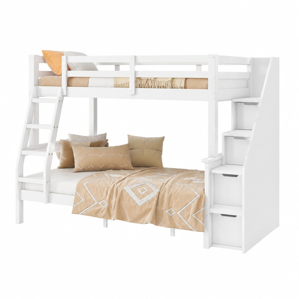 Etagenbett – 140 × 200 cm, mit Stauraum, mit Schubladen, mit Ablagen, aus Kiefernholz, Weiß