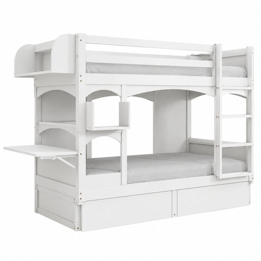 Etagenbett – 90 × 200 cm, klappbar, mit Stauraum, mit Schubladen, mit Lattenrost, aus Massivholz