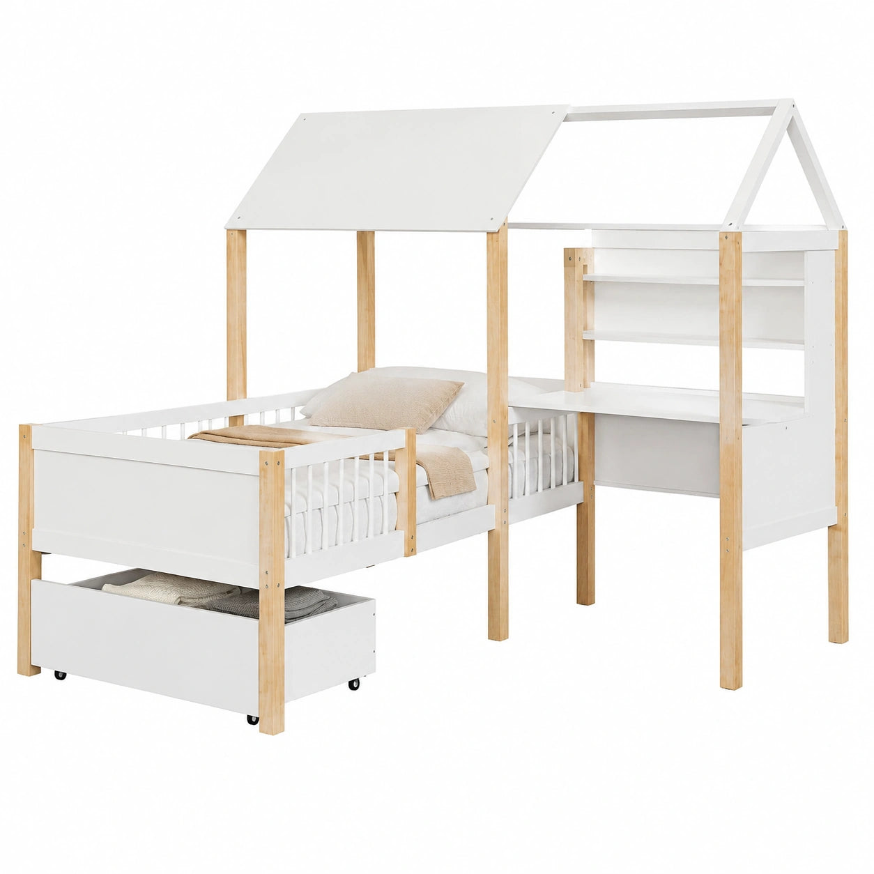 Kinderbett – 90 × 200 cm, mit Schubladen, mit Rollen, mit Lattenrost, aus Massivholz