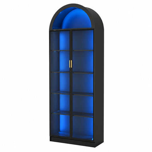 Vitrine – 195 cm, mit Stauraum, mit LED-Beleuchtung, mit Ablagen, Schwarz, für Wohnzimmer, Schlafzimmer und Büro